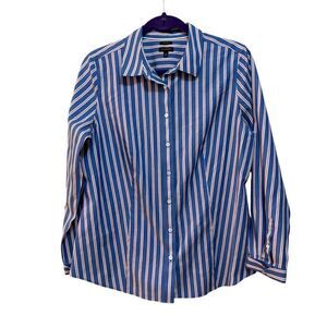 2/$30 Talbots Shirt Womens 10 Blue Red White Striped Button Down Long Sleeve